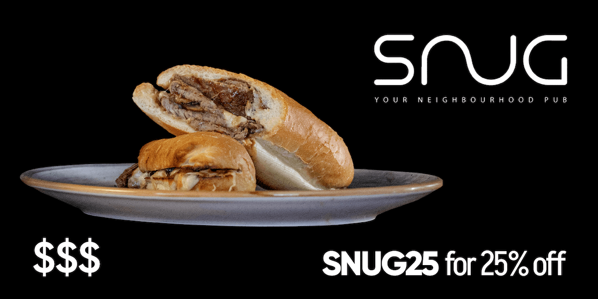 a steak sandwich cut in half on a platter with the logo of Snug and $$$ and the promo code for 25% off