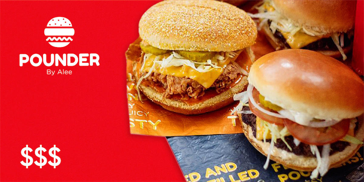 Three burgers, 2 beef one chicken from Pounder with the logo of Pounder on the left and $$$