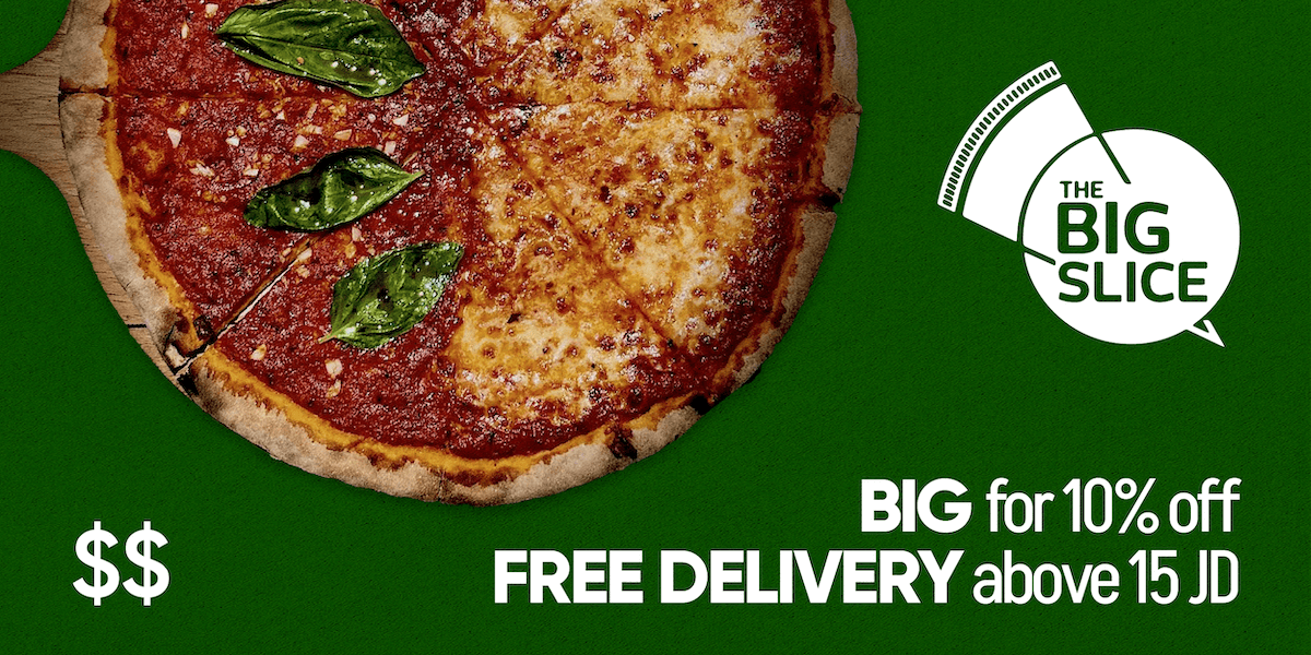 Margherita pizza from the Big Slice with the logo on the right side and $$ and the promo code for 10% off