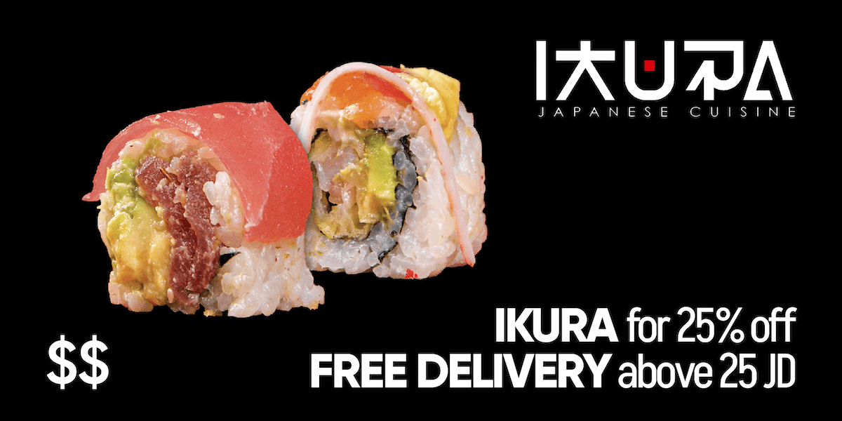 Two rolls of sushi with the logo of Ikura Japanese Cuisine and $$ and the promo code for 25% and free delivery