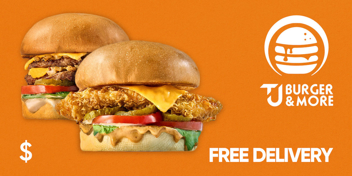 Two chicken burgers with cheese and sauce and lettuce from TJ Burger & More and & and Free Delivery