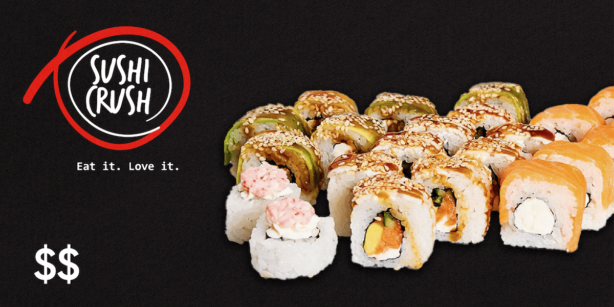Rolls of sushi all together with the logo of Sushi Crush and $$