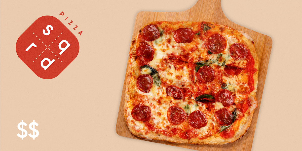 a pepperoni pizza from Pizza SQRD and the logo of the restaurant on the left with $$