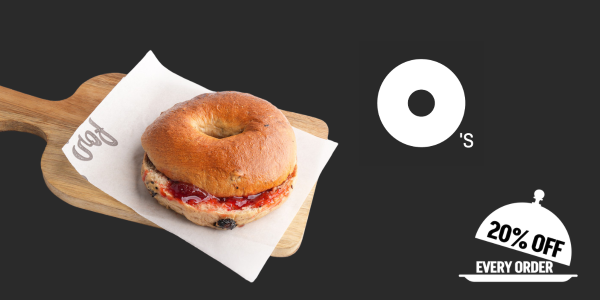 A jam bagel from Bagel O's with the 20% off icon