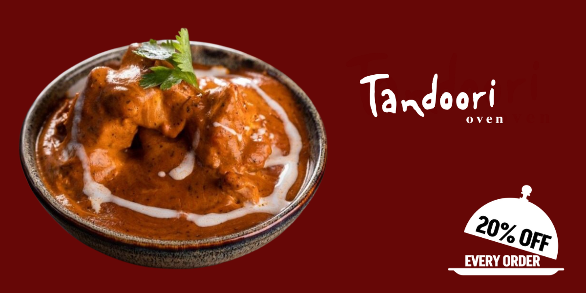 A plate of butter chicken from Tandoori Oven with a red background and 20% off icon