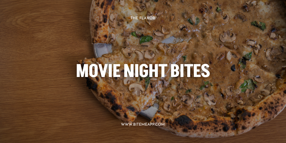 A mushroom creamy pizza with one slice coming out a bit from Ned's Pizza with the title Movie Night Bites