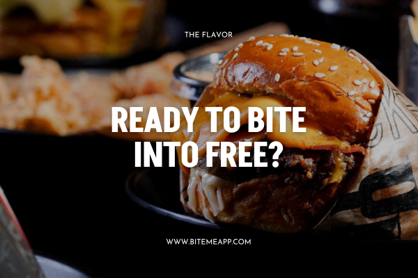 a cheesy burger with the sentence "Ready to Bite into Free?" in the middle