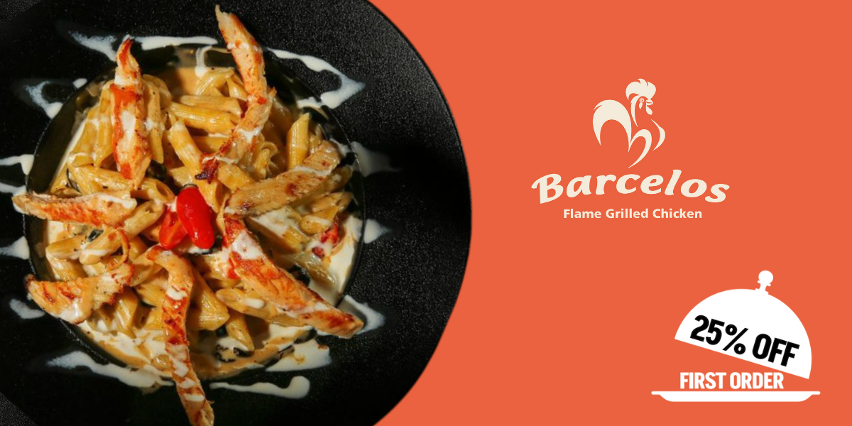 A plate of pasta and chicken from Barcelos and the 25% off icon