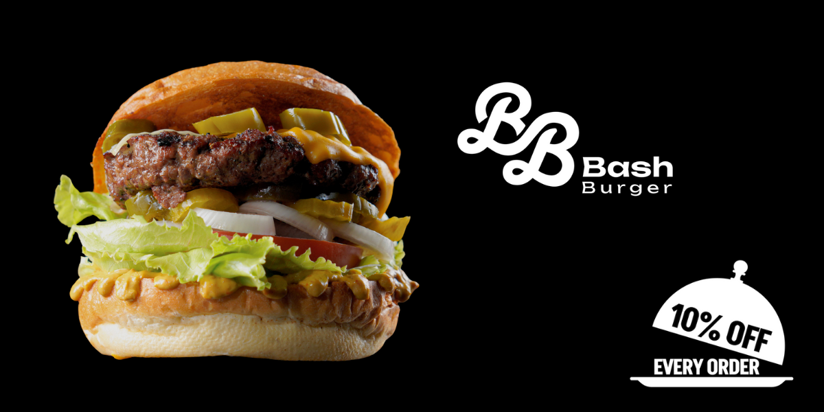 A jalapeno beef burger from Bash Burger with the 10% off icon