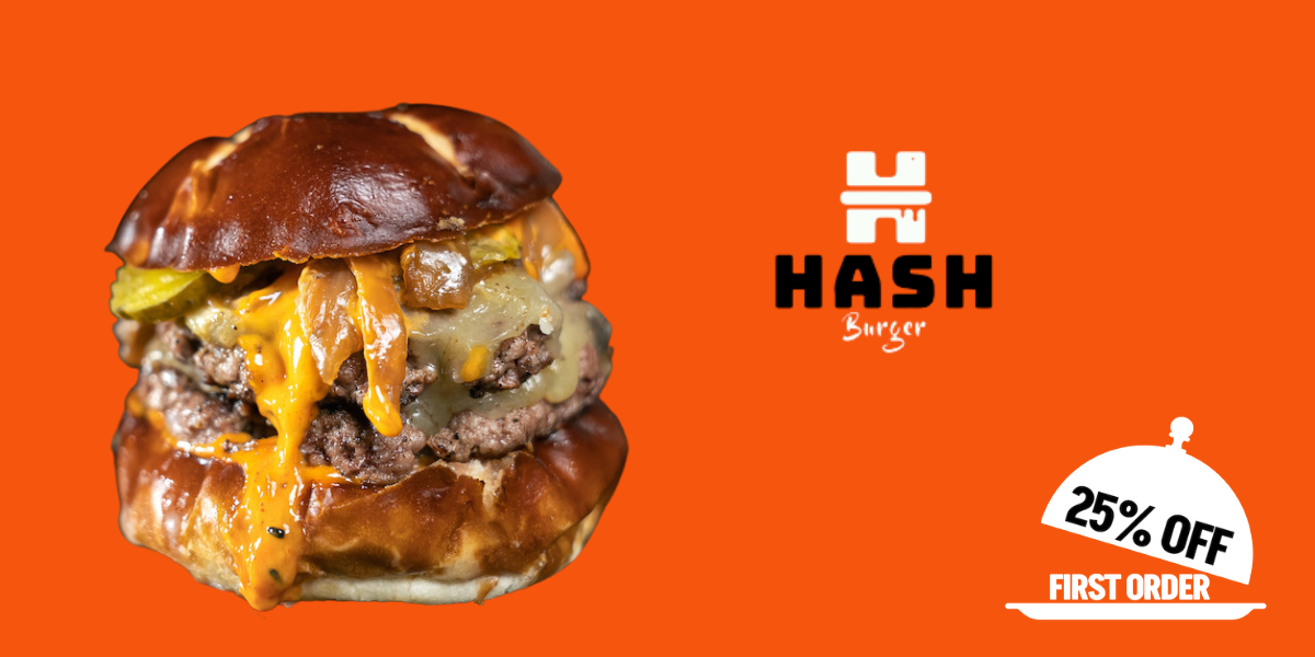 A saucy and cheesy burger from Hash Burger and the 25% off icon
