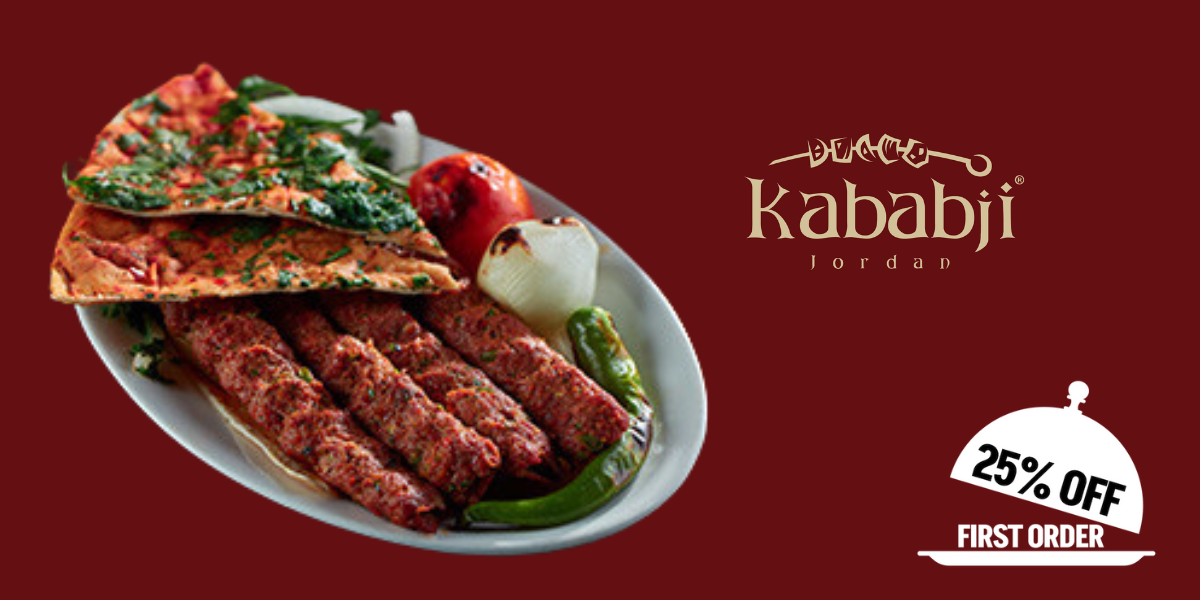A kabab platter with vegetables and bread from Kababji with the 25% off icon