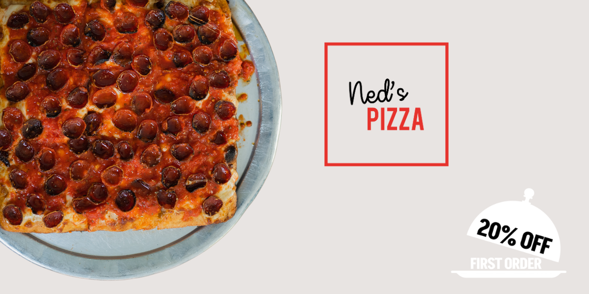A sicillian pepperoni pizza from Ned's Pizza and the 20% off icon