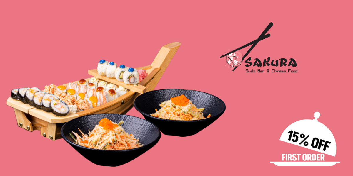 A sushi boat and two plates of kani salad next to it from Sakura and the 15% off icon