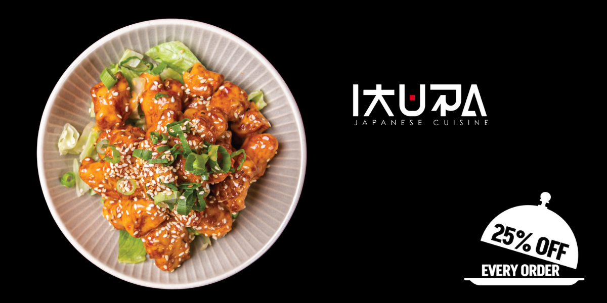 A plate of dynamite chicken from Ikura Japanese Cuisine with the 25% off icon