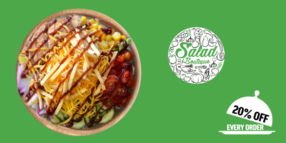 A bowl of salad with BBQ sauce on top from Salad Boutique and 20% off icon