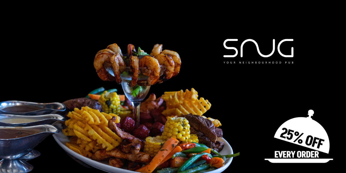 A seafood platter with dynamite shrimps in the middle with gravy sauces form Snug with the logo of 25% off icon