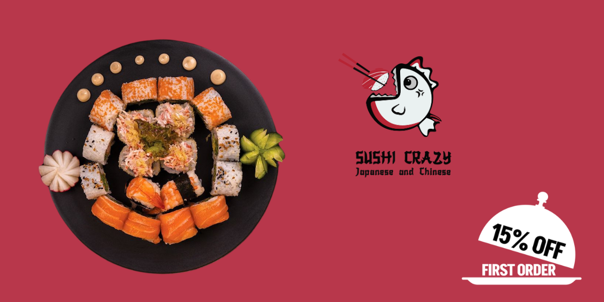 a plate of sushi with the logo of Sushi Crazy and the 15% off icon