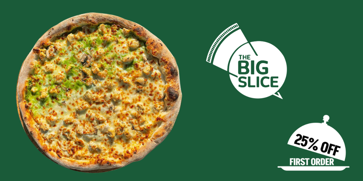 A half and half pizza with chicken and pesto topping on a green background and the logo of The Big Slice and 25% off icon