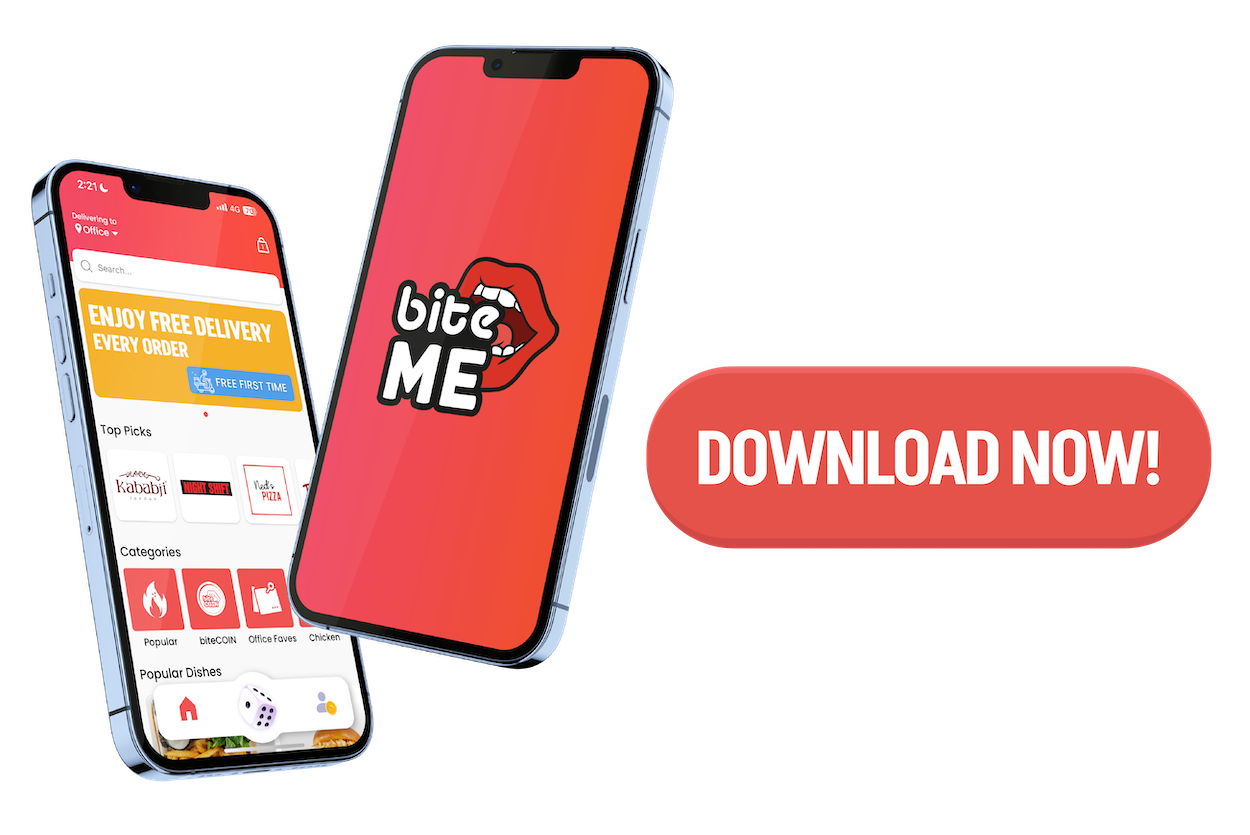 Two phones beside each other. One mockup shows the biteME logo and one shows the homepage of biteME with a donwload now button