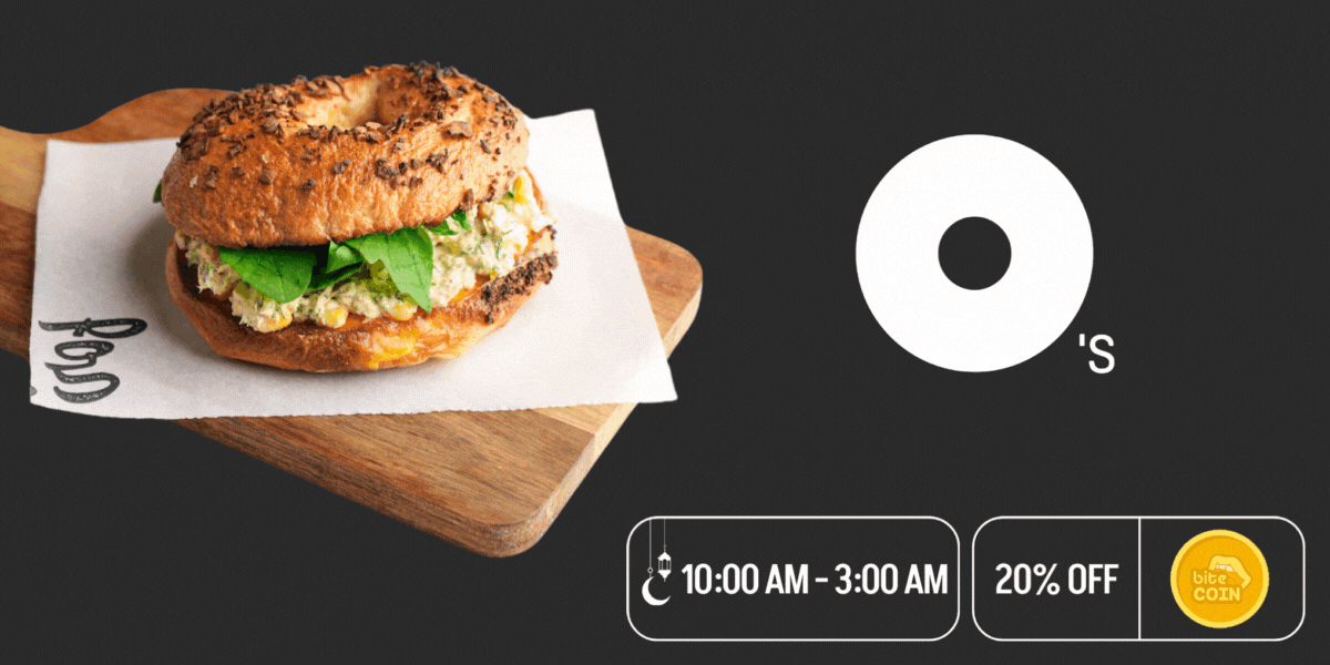 A Tuna Mayo Bagel from Bagel O's and the working hours for Ramadan on the right and a spinning biteCOIN