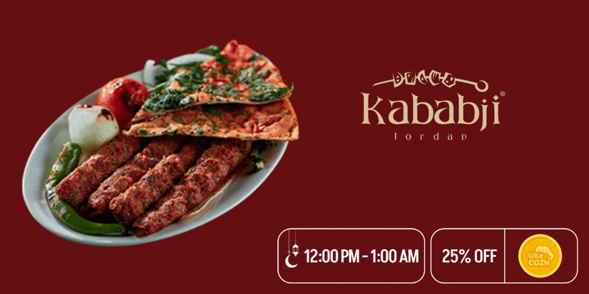 A plate of Kebab with two pieces of bread, onion, tomato, and chili pepper from Kababji.