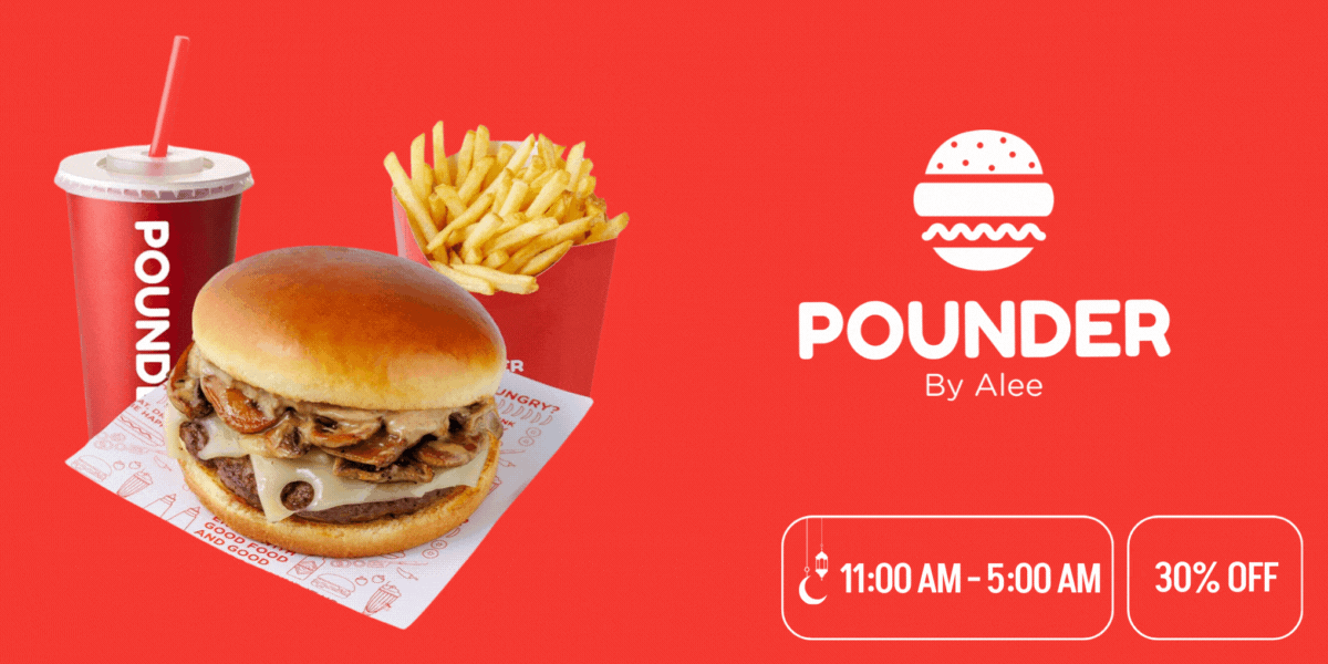 A mushroom burger with cheese with fries and cola from Pounder and 30% off in the bottom right