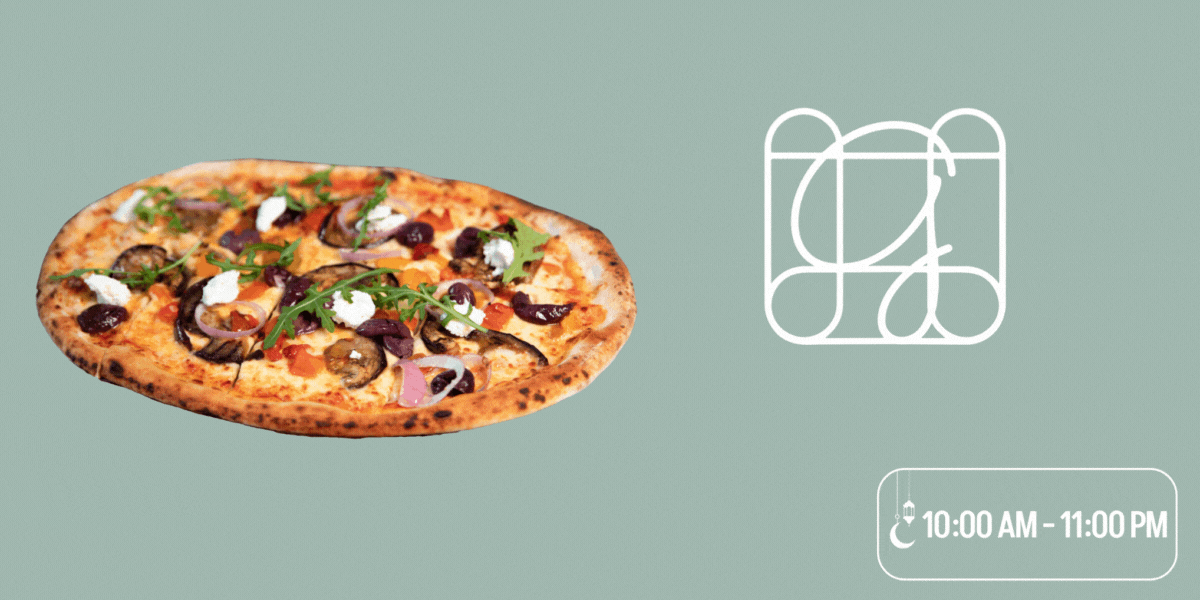 Eggplant pizza from Gaia Pizza with the working hours for Ramadan in the bottom right.
