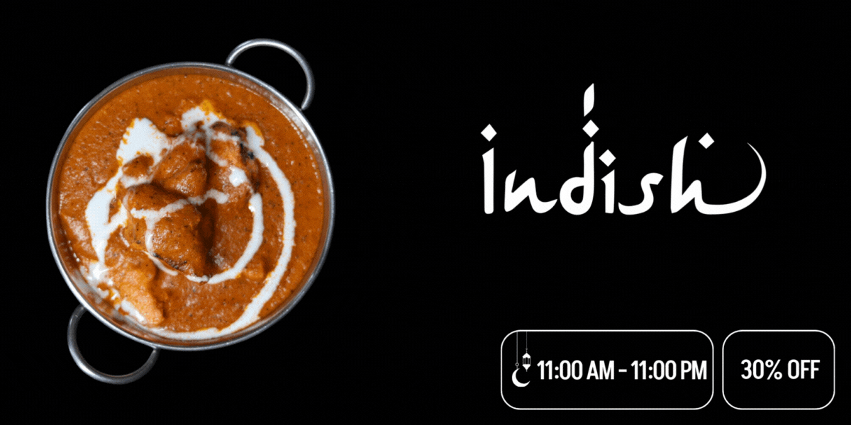 A bowl of Butter Chicken from Indish with the working hours and 30% off in the bottom right.
