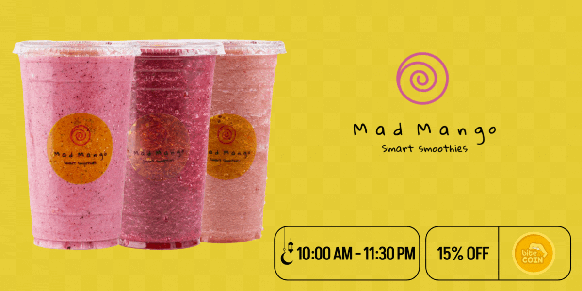 Three smoothies that are pink from Mad Mango with the opening hours on the bottom right and the biteCOIN icon spinning with 15% off