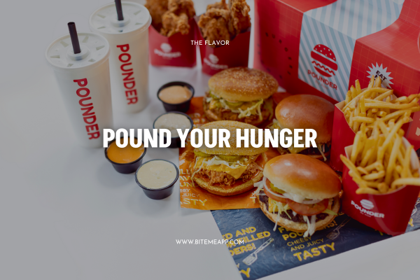Multiple burgers, fries, and drinks from Pounder