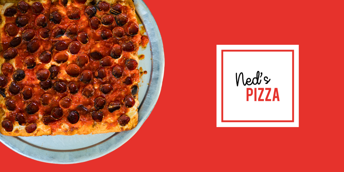 A sicillian pepperoni pizza from Ned's Pizza and the 20% off icon
