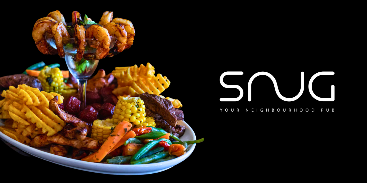 A seafood platter with dynamite shrimps in the middle with gravy sauces form Snug with the logo of 25% off icon