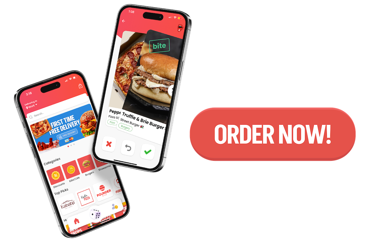 Two phones beside each other. One mockup shows the biteME logo and one shows the homepage of biteME with a donwload now button
